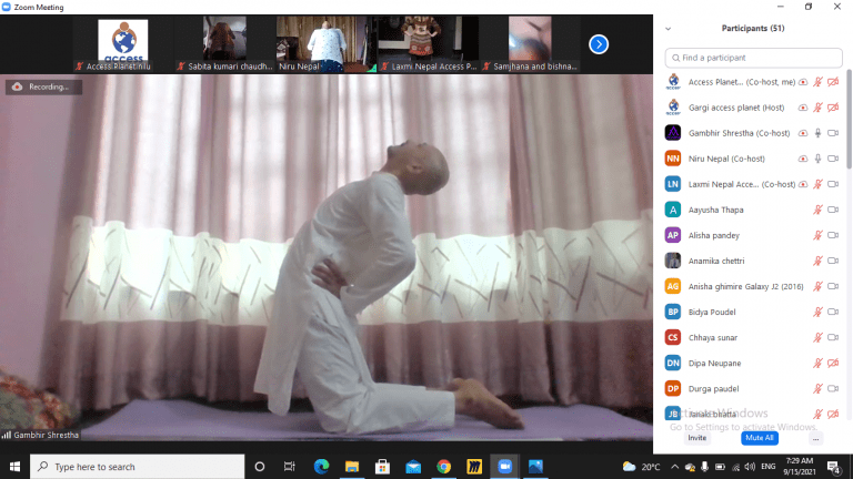 Yoga instructor Mr. Gambhir Shrestha teaching yoga possess to the participants..