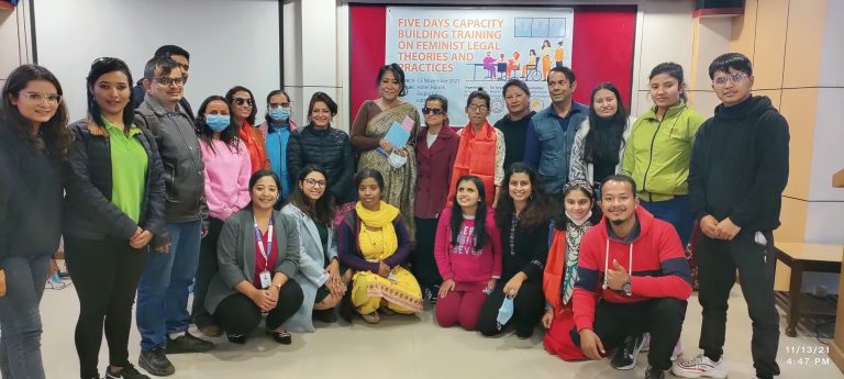 Group photo with the chief guest Hon. Judge Sapana Malla in the closing of 5 days capacity building training on Feminist Legal Theories and Practices supported by APWLD.