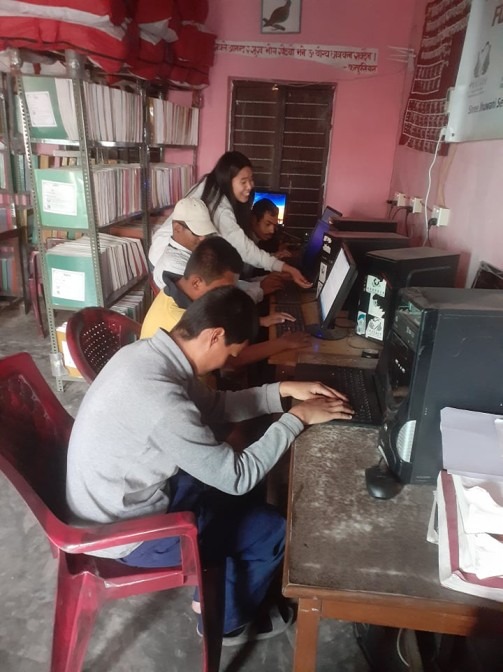 Computer instructor Ms. Mina Thebe giving the computer classes to Blind and Visually impaired children of Jhuwani Secondary School, Chitwan