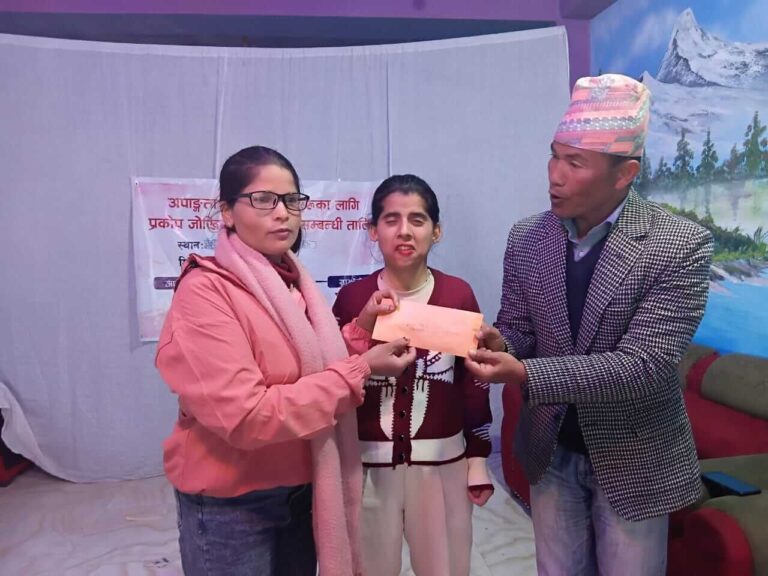 The support is being distributed by the Mayor of Bheri Municipality, with Gargi Nepal also standing in the photo