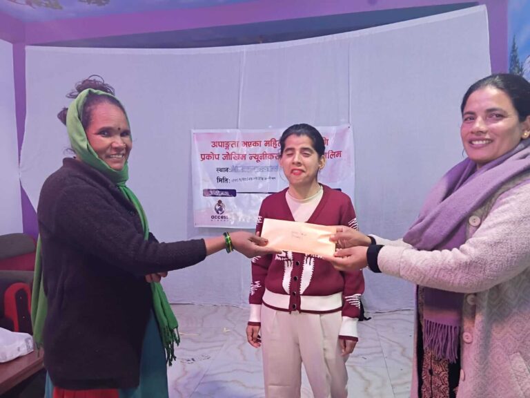The support is being distributed by the Deputy Mayor of Bheri Municipality, with Gargi Nepal also standing in the photo