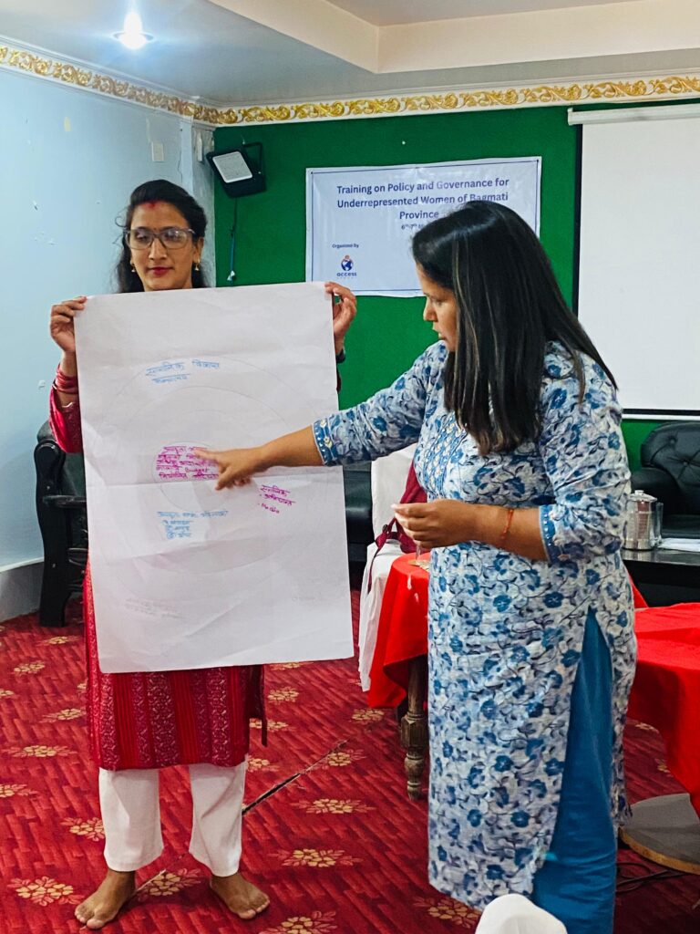 Two women are standing in a room during a training session. One woman holds a large sheet of paper with handwritten notes on it while the other points to the notes, seemingly in discussion. A on the back of them